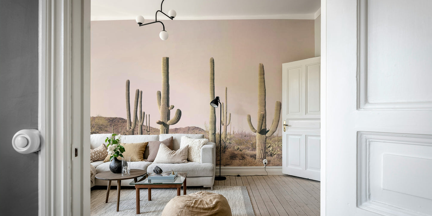 Wide-view cactus mural with gentle desert blush palette

