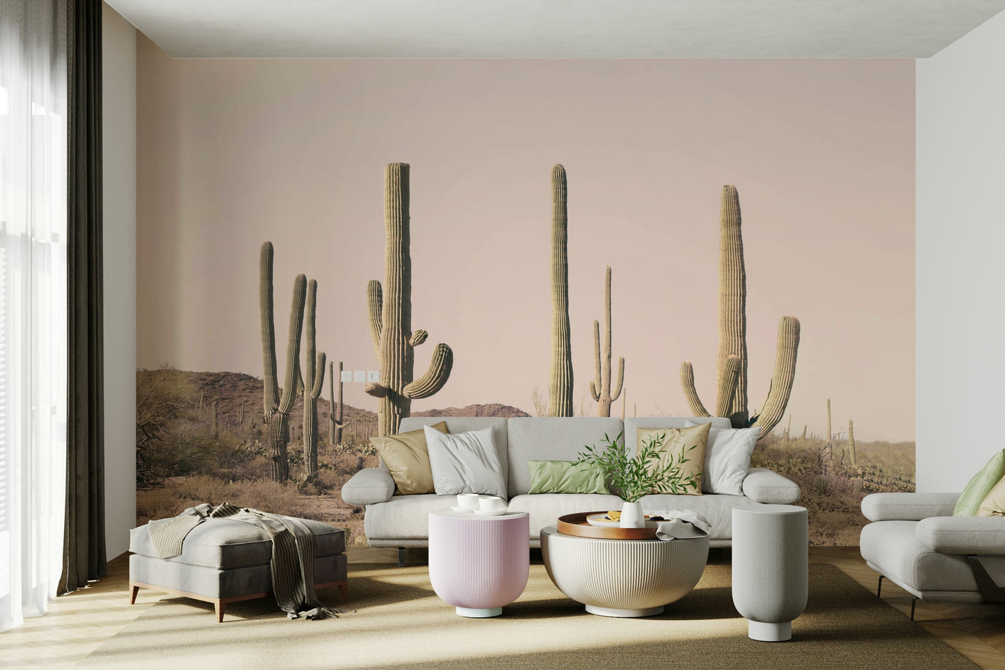 Artistic mural of a cactus field in soft blush colors

