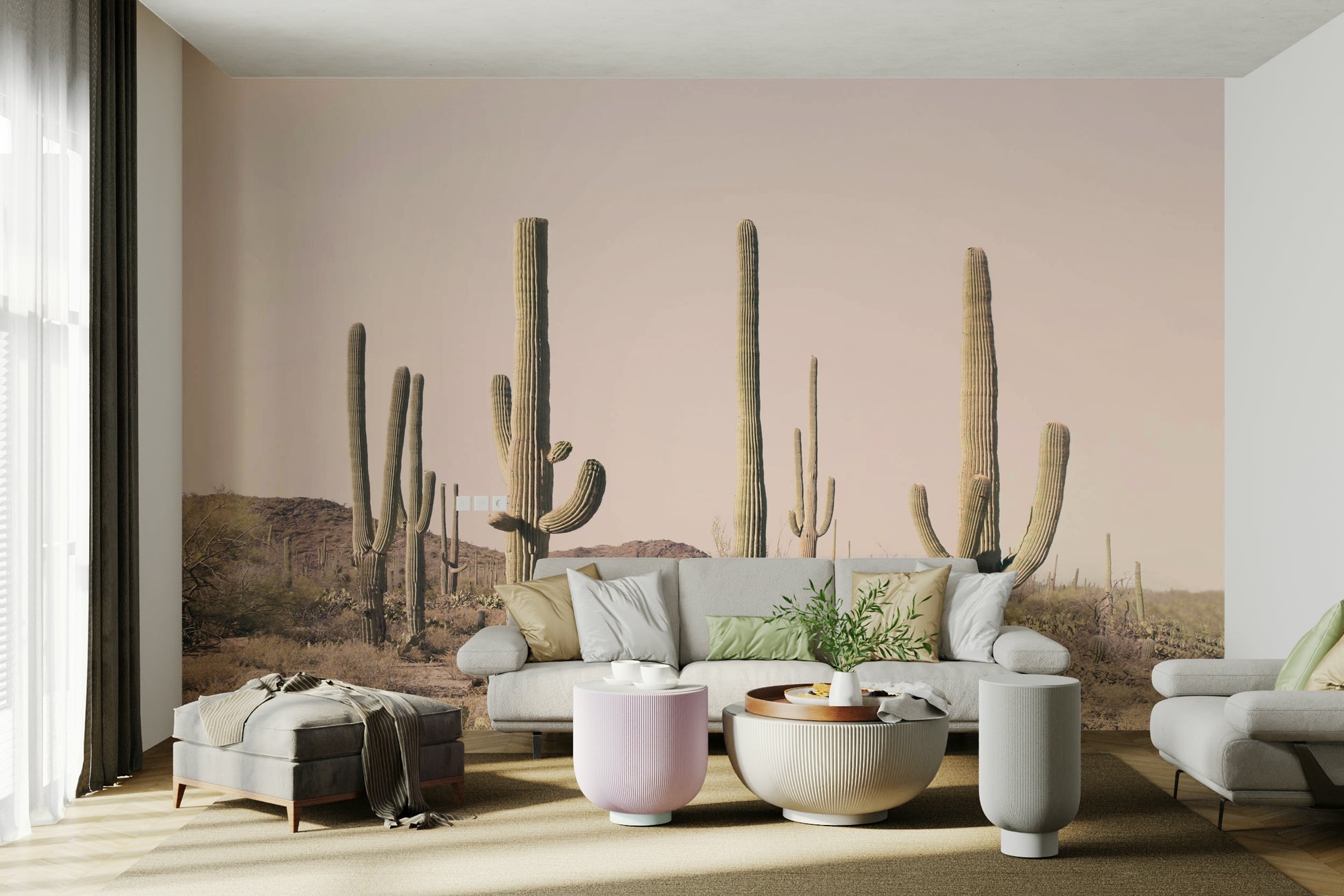 Artistic mural of a cactus field in soft blush colors

