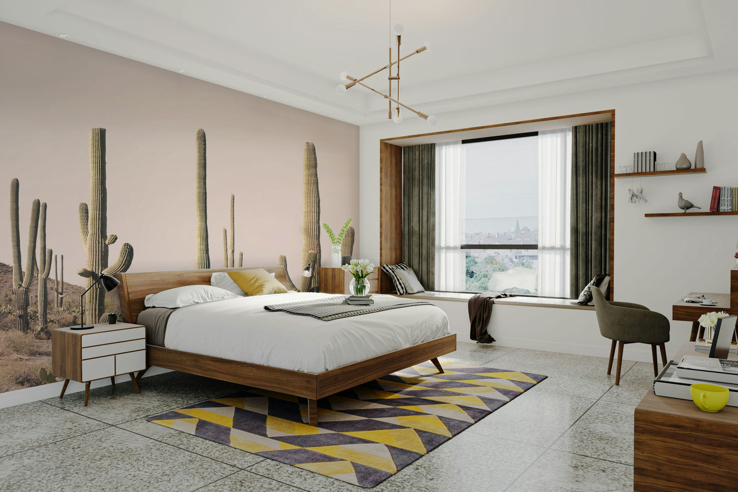 Blush-toned cactus mural featuring a wide field view

