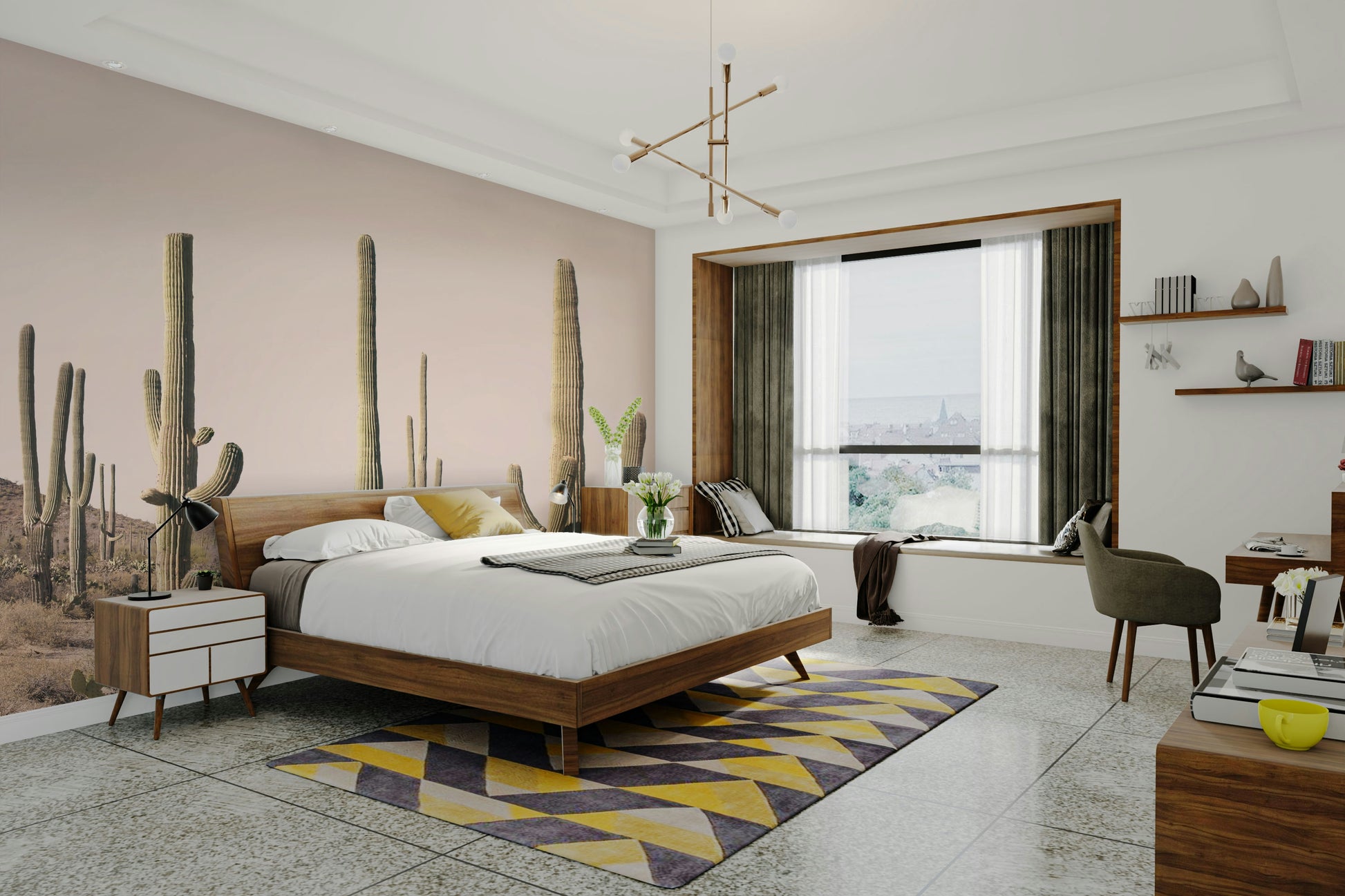 Blush-toned cactus mural featuring a wide field view

