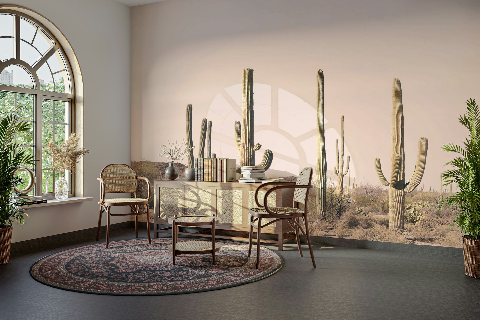 Blush cactus field mural with watercolor textures

