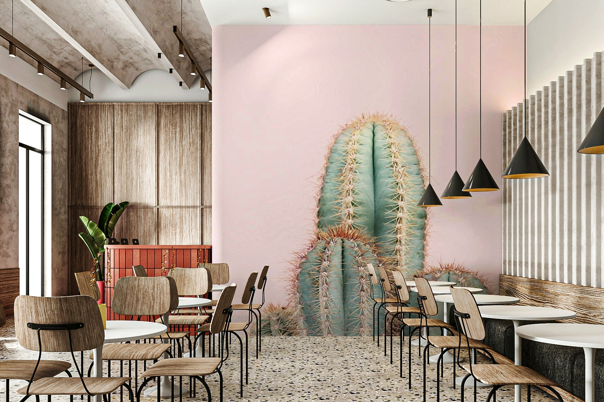 Feminine cactus mural with artistic blush styling

