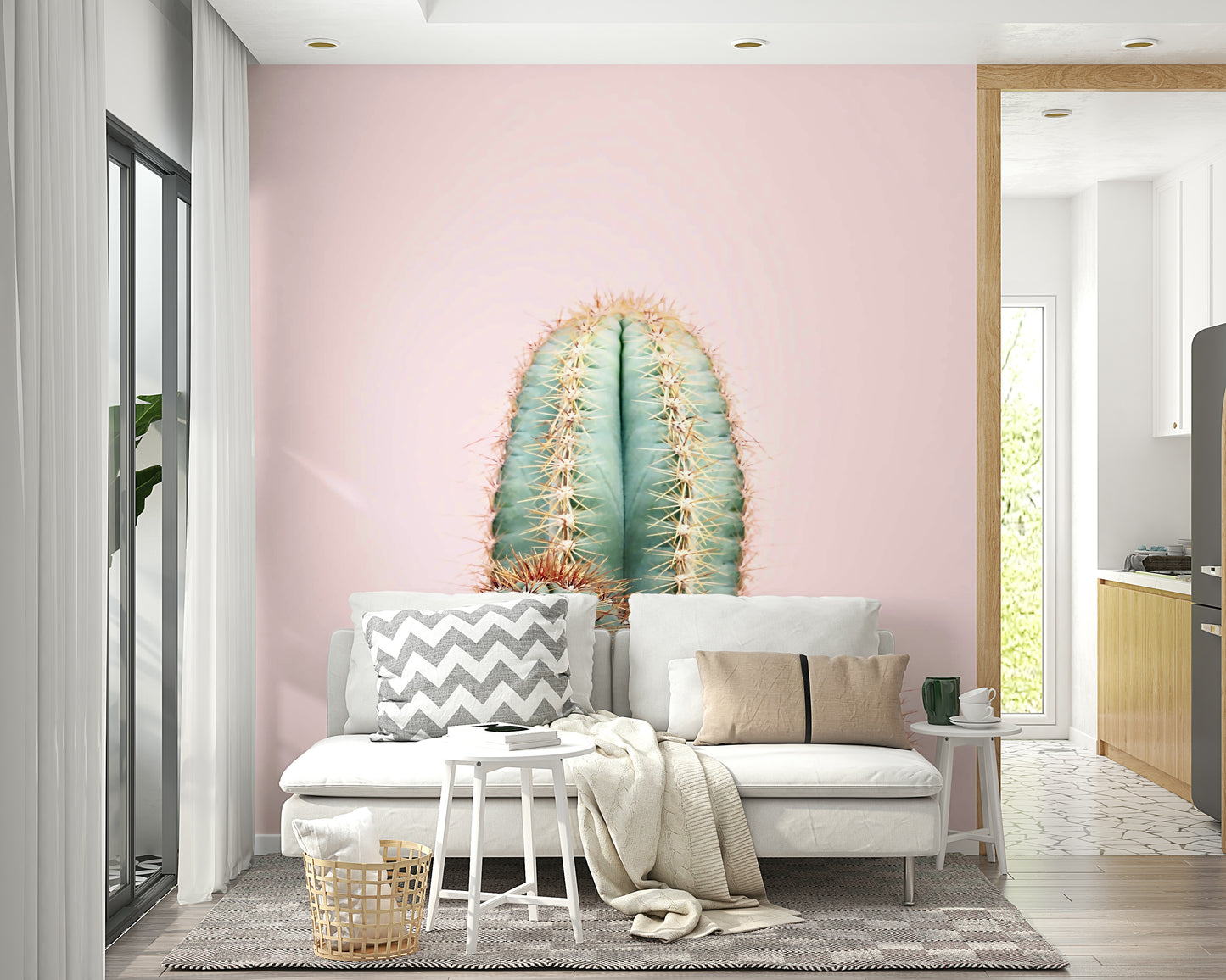 Cactus mural in blush pink and earthy green palette

