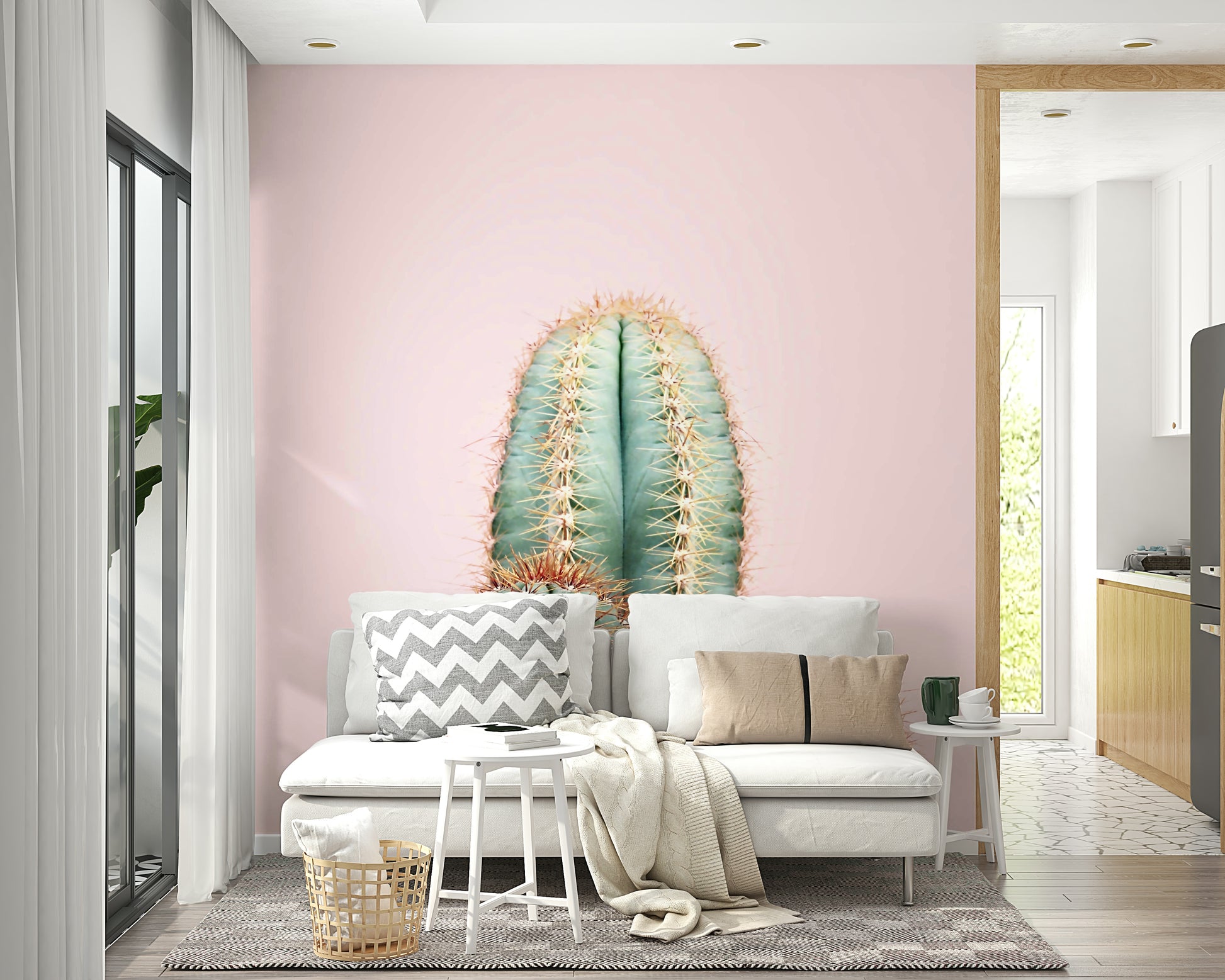 Cactus mural in blush pink and earthy green palette

