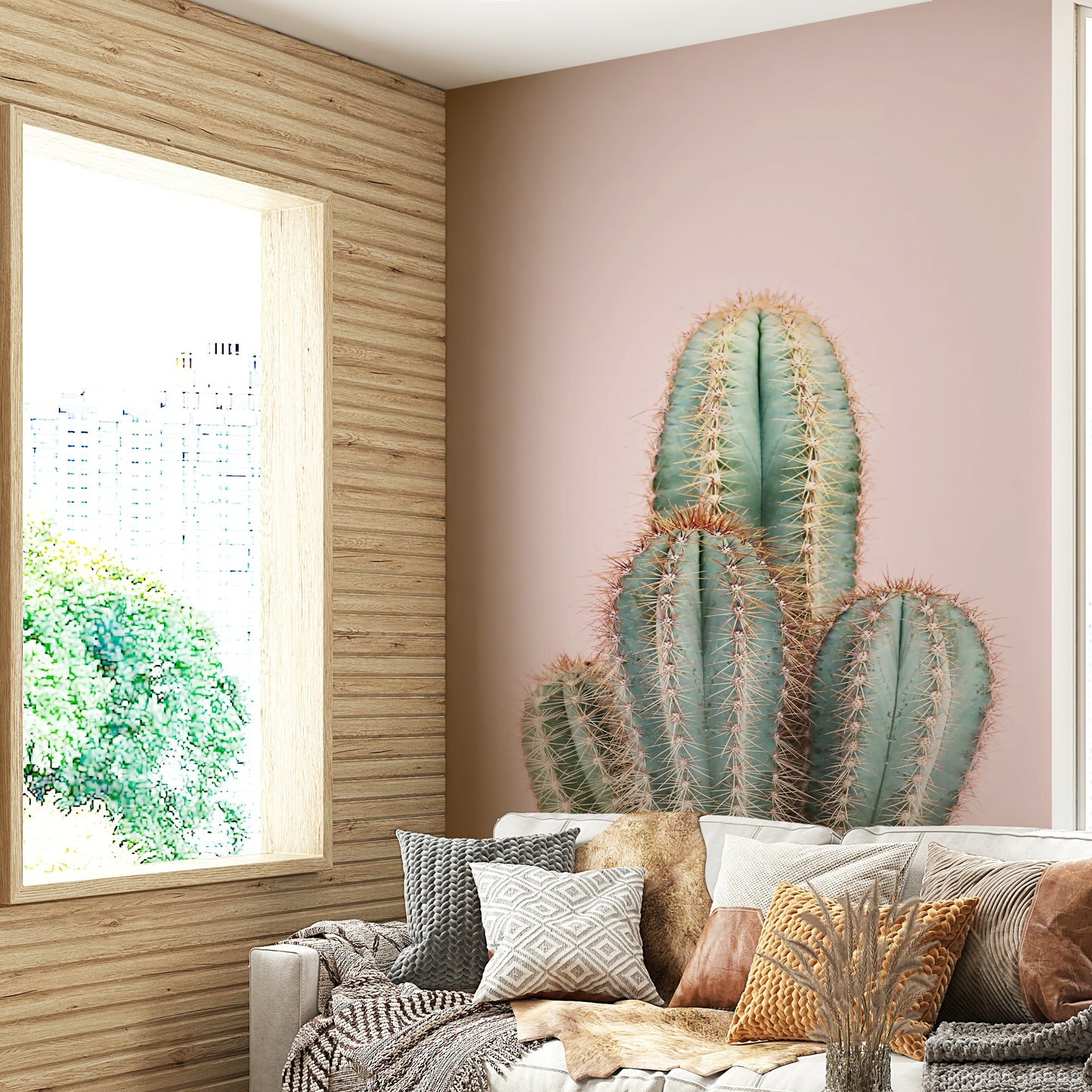 Elegant cactus artwork in soft desert blush tones


