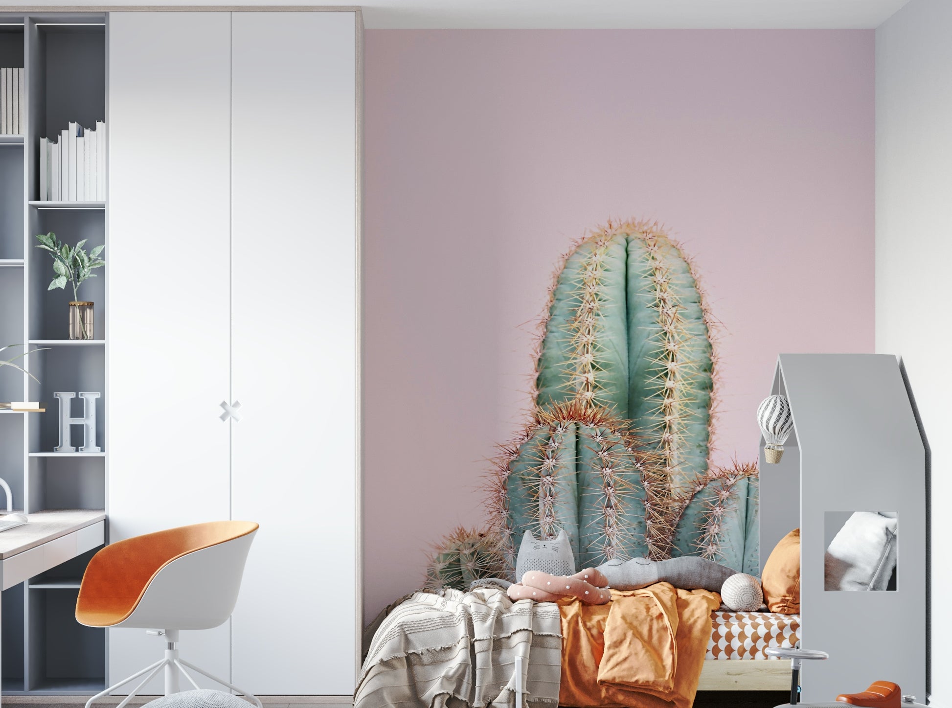 Watercolor cactus wall art with gentle blush hues

