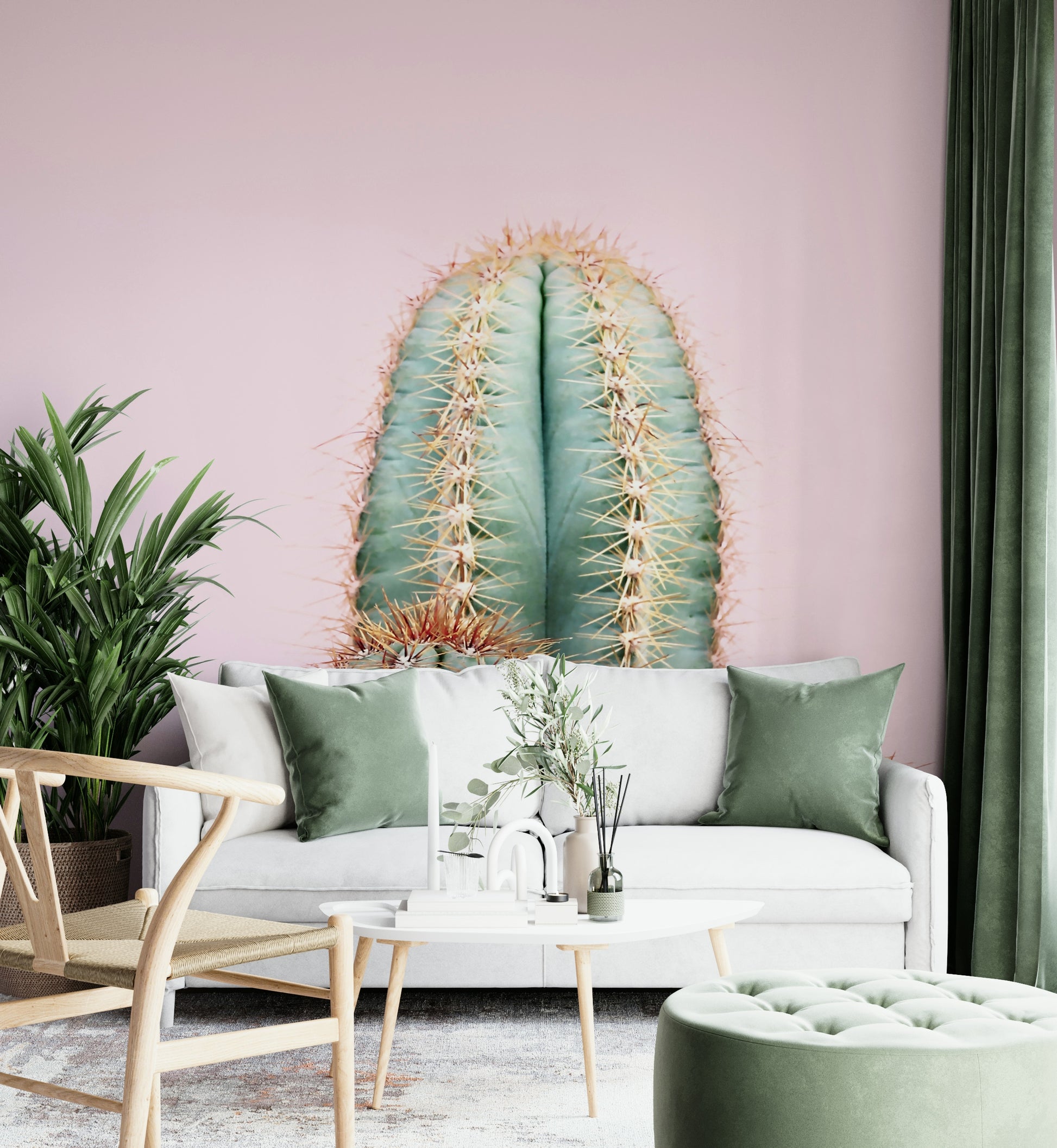Blush-toned desert mural with hand-painted cacti


