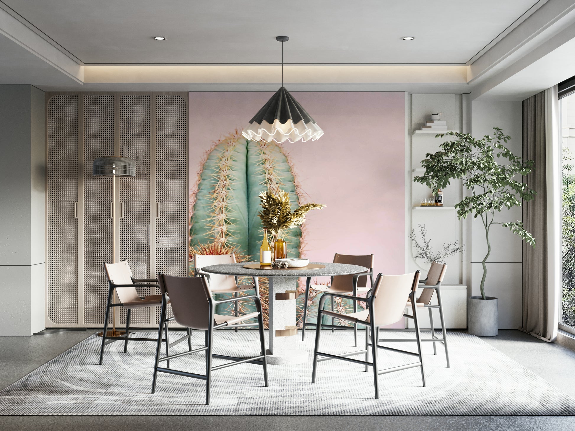 Modern cactus wall mural in pastel blush colors

