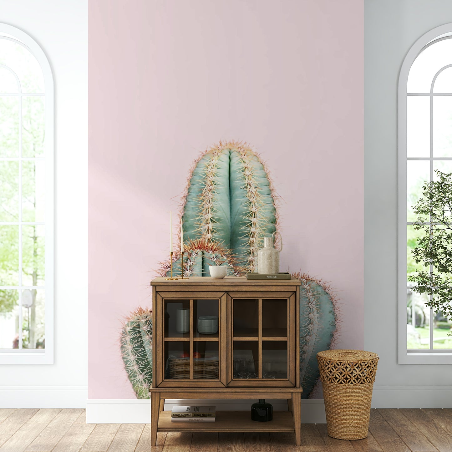 Blush cactus wall mural with soft pink desert tones

