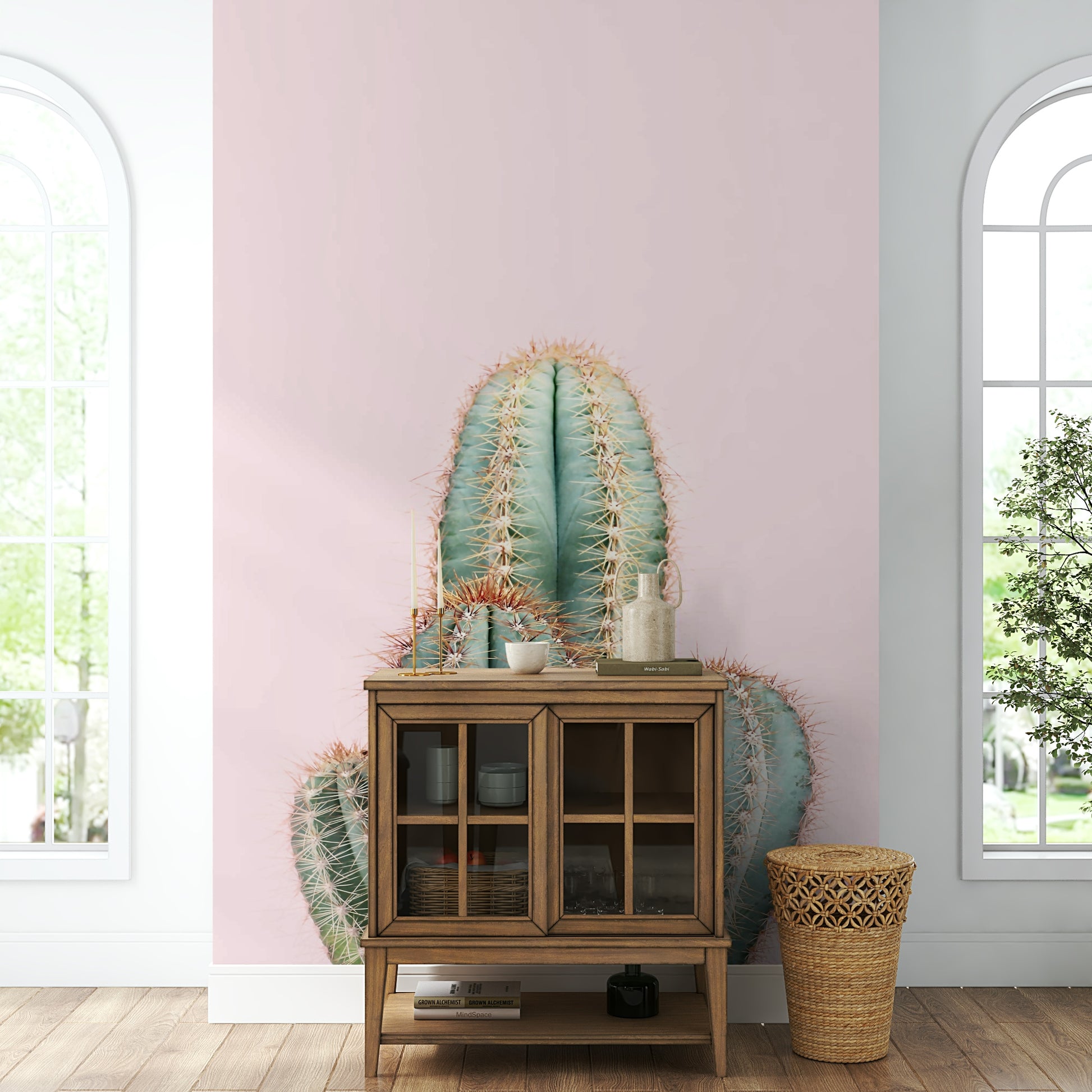 Blush cactus wall mural with soft pink desert tones

