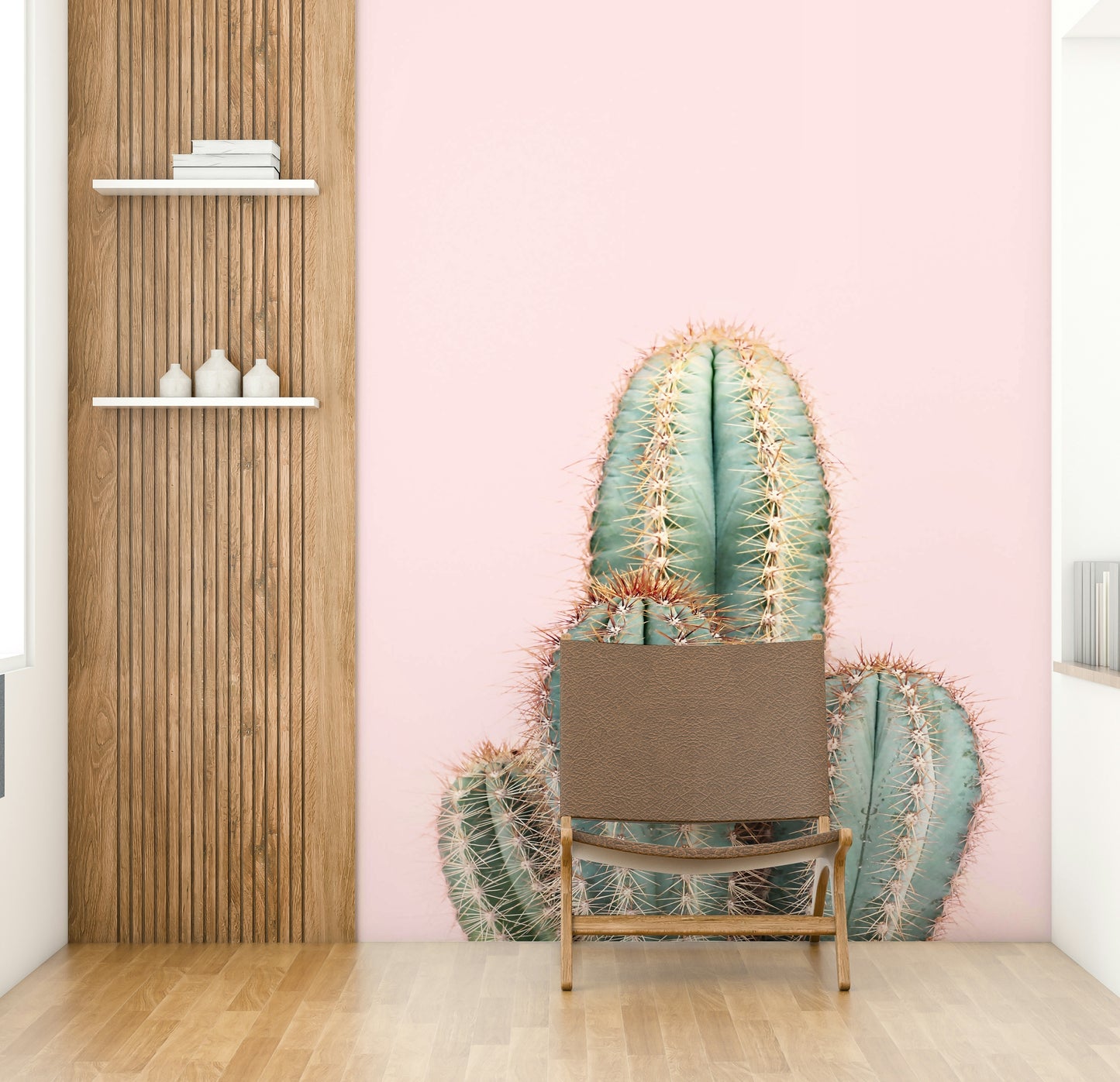 Serene cactus wall mural with pink and green accents

