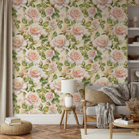Elegant rose wallpaper adding charm to rooms.

