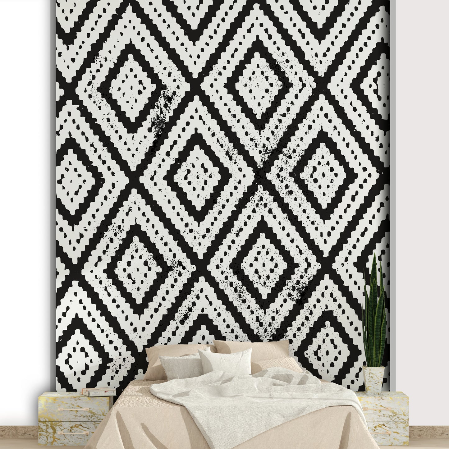 Artistic mosaic mural in modern monochrome palette

