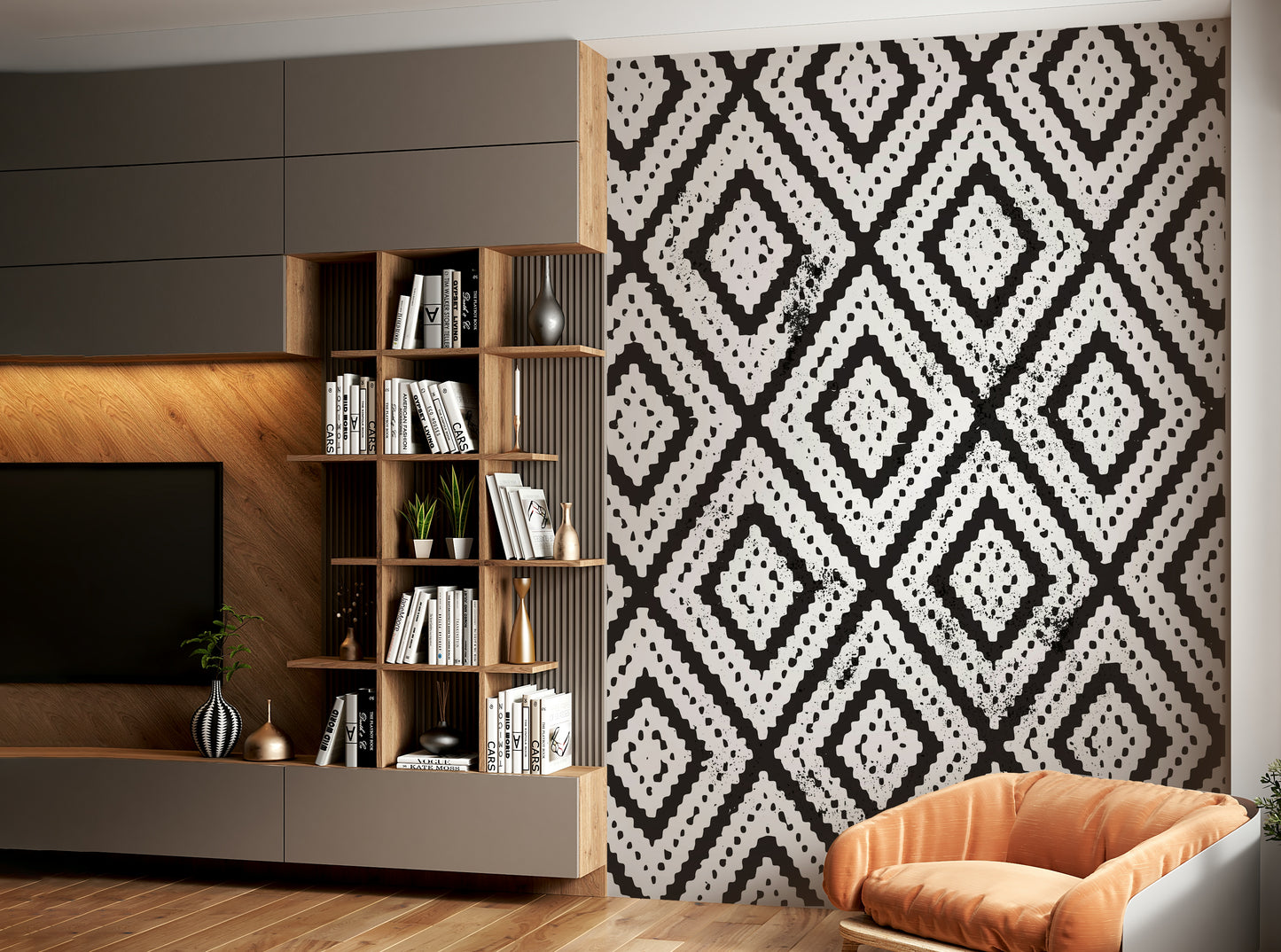 Stylish mural featuring monochromatic tile patterns

