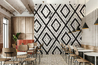 Abstract wall mural with monochrome mosaic details

