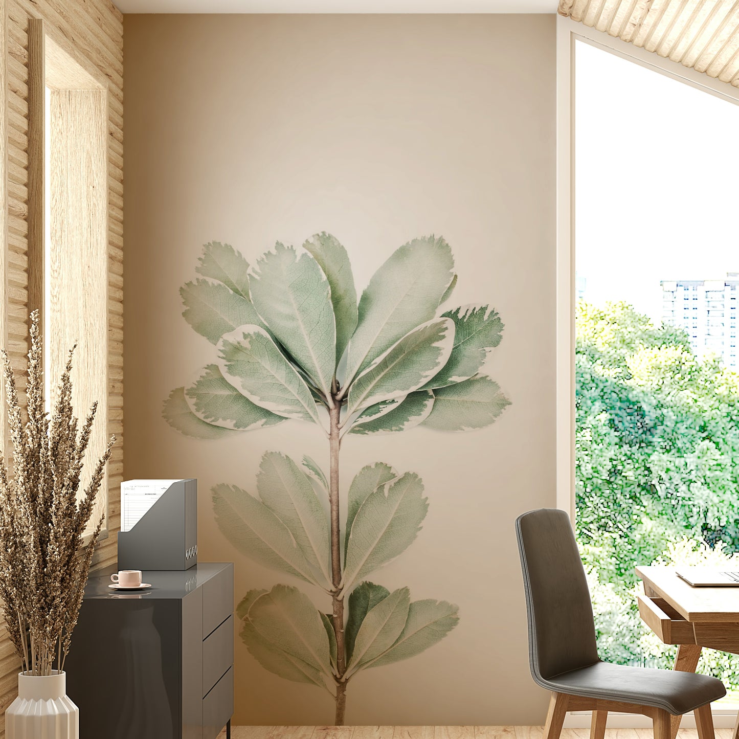 Lush foliage wall mural for elegant interior design.

