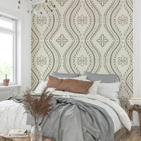 Warm green damask wallpaper with soft faded detailing

