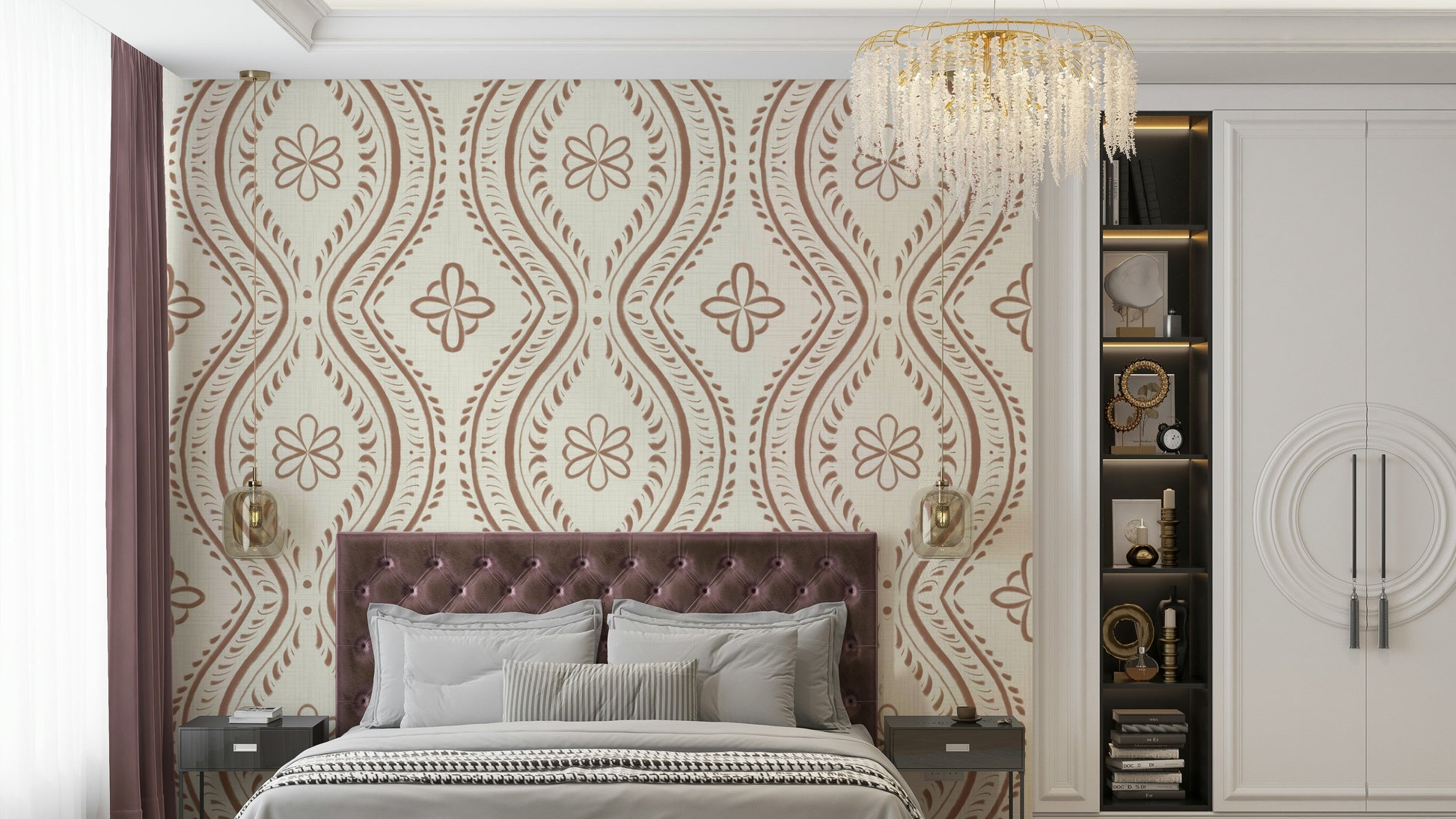Mocha mousse damask wall covering with soft curves

