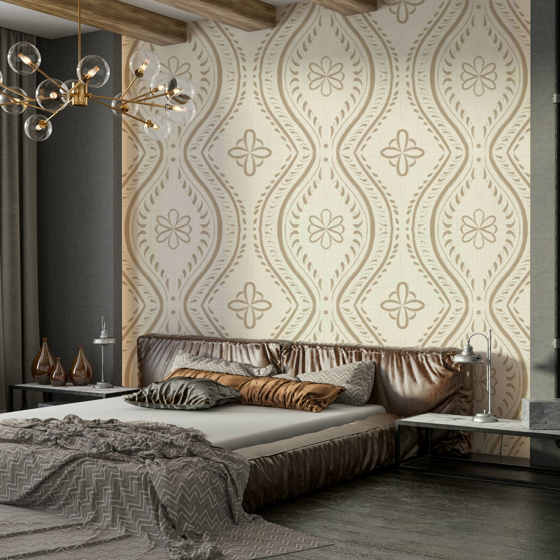 Earthy safari wallpaper with elegant ogee motif


