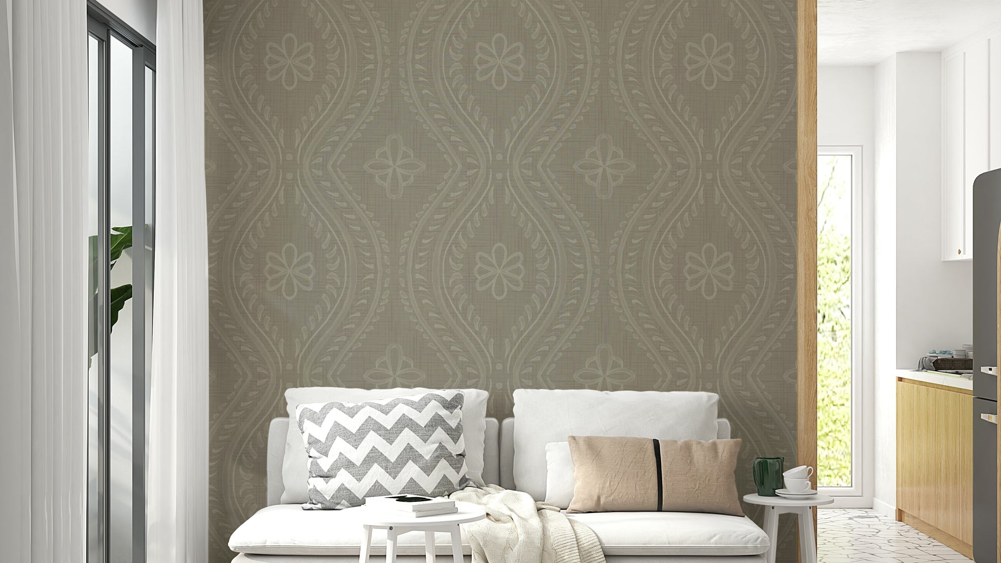 Faded wallpaper design with curved ogee lines

