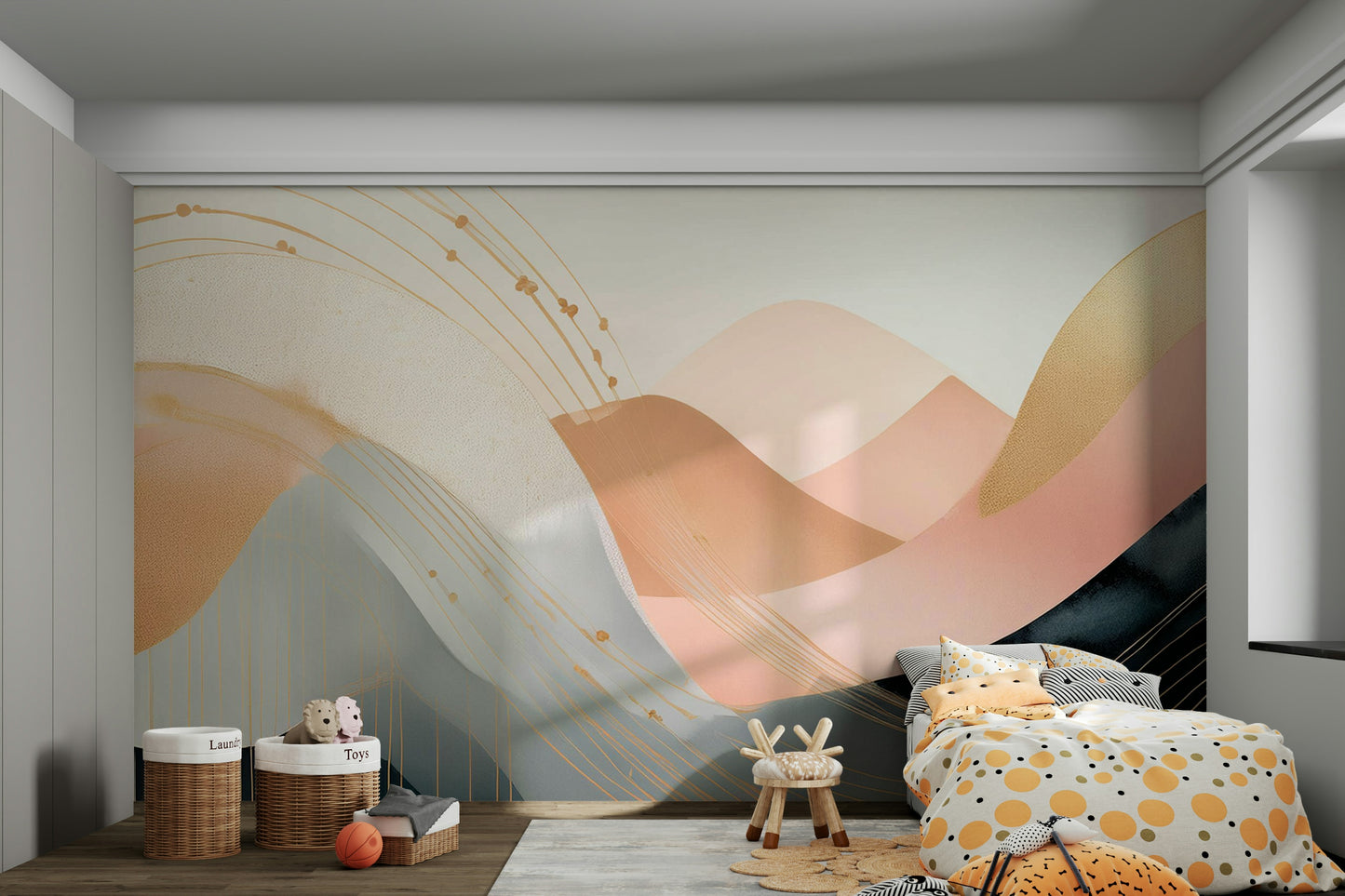 Unique Boho waves wallpaper for creative kids' spaces.

