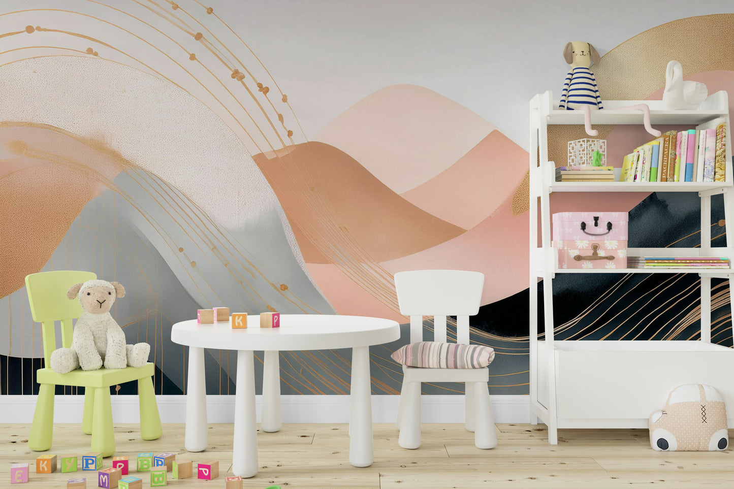 Boho waveforms mural for kids' room walls.

