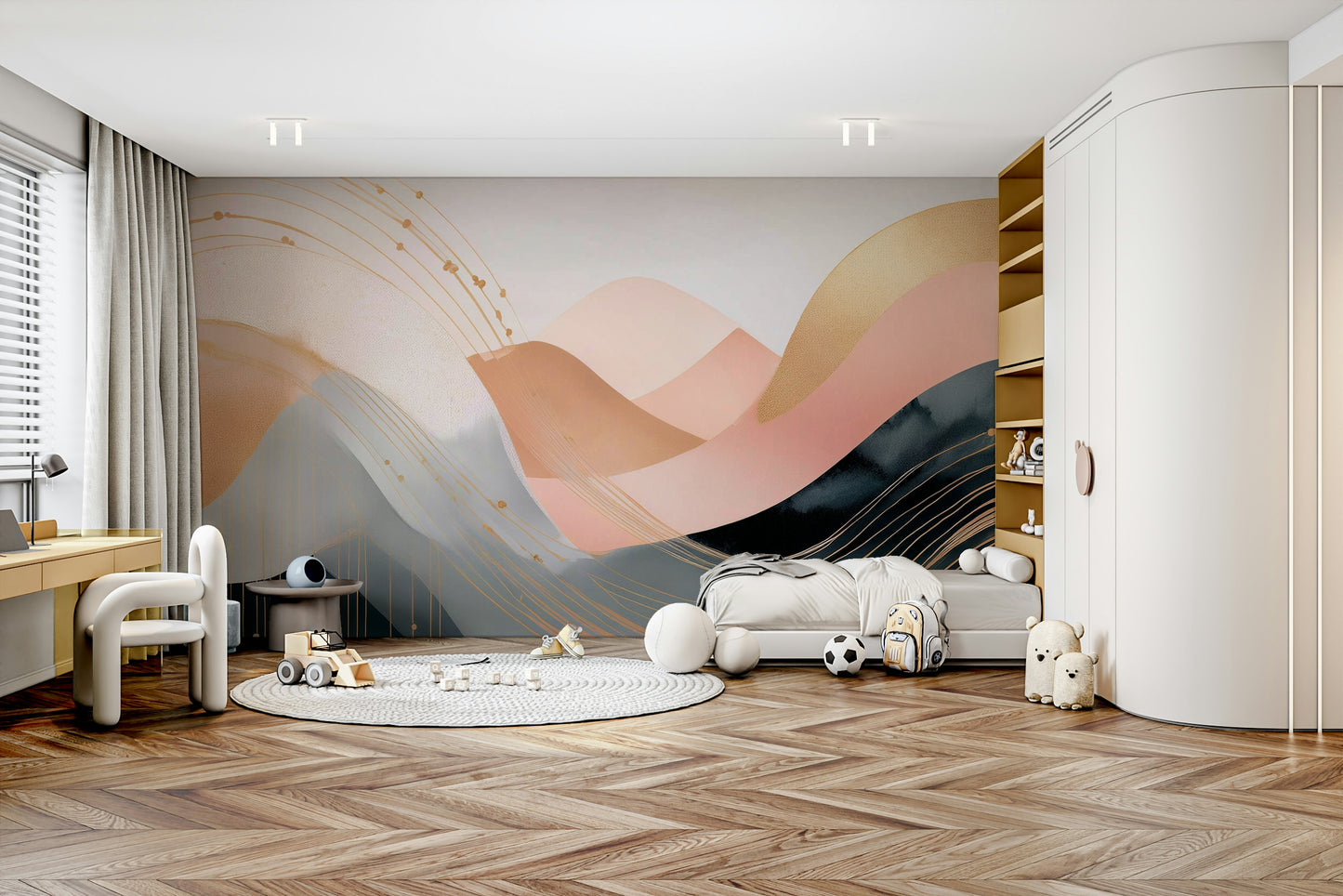 Boho waveforms mural for stylish kids' wall art.

