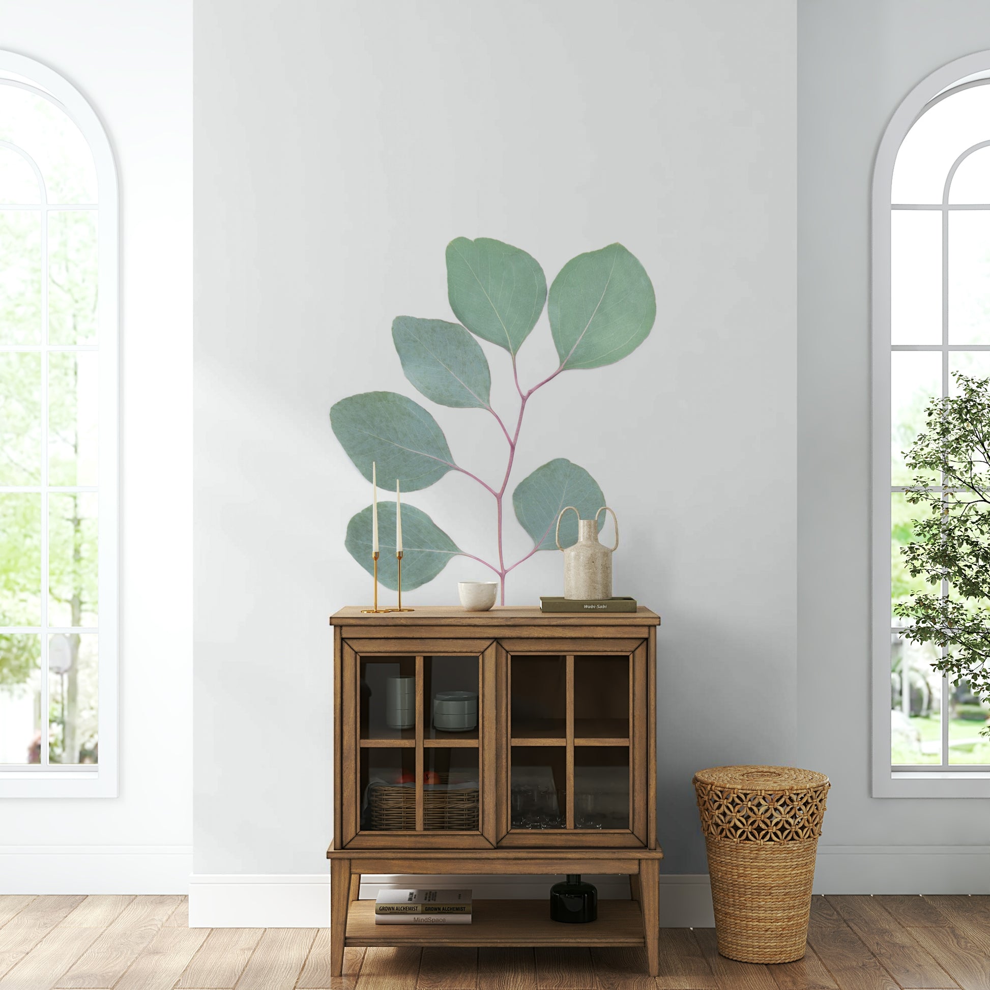 Soothing eucalyptus mural for bedroom wall design

