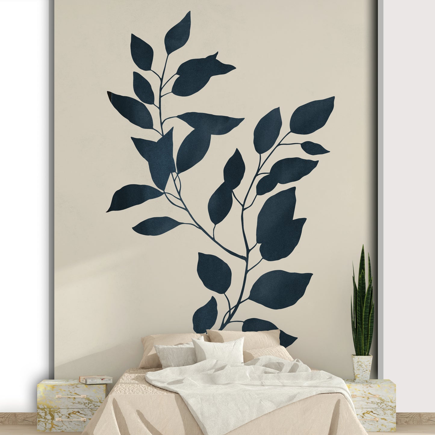 Tranquil botanical wall mural with leaf silhouettes.


