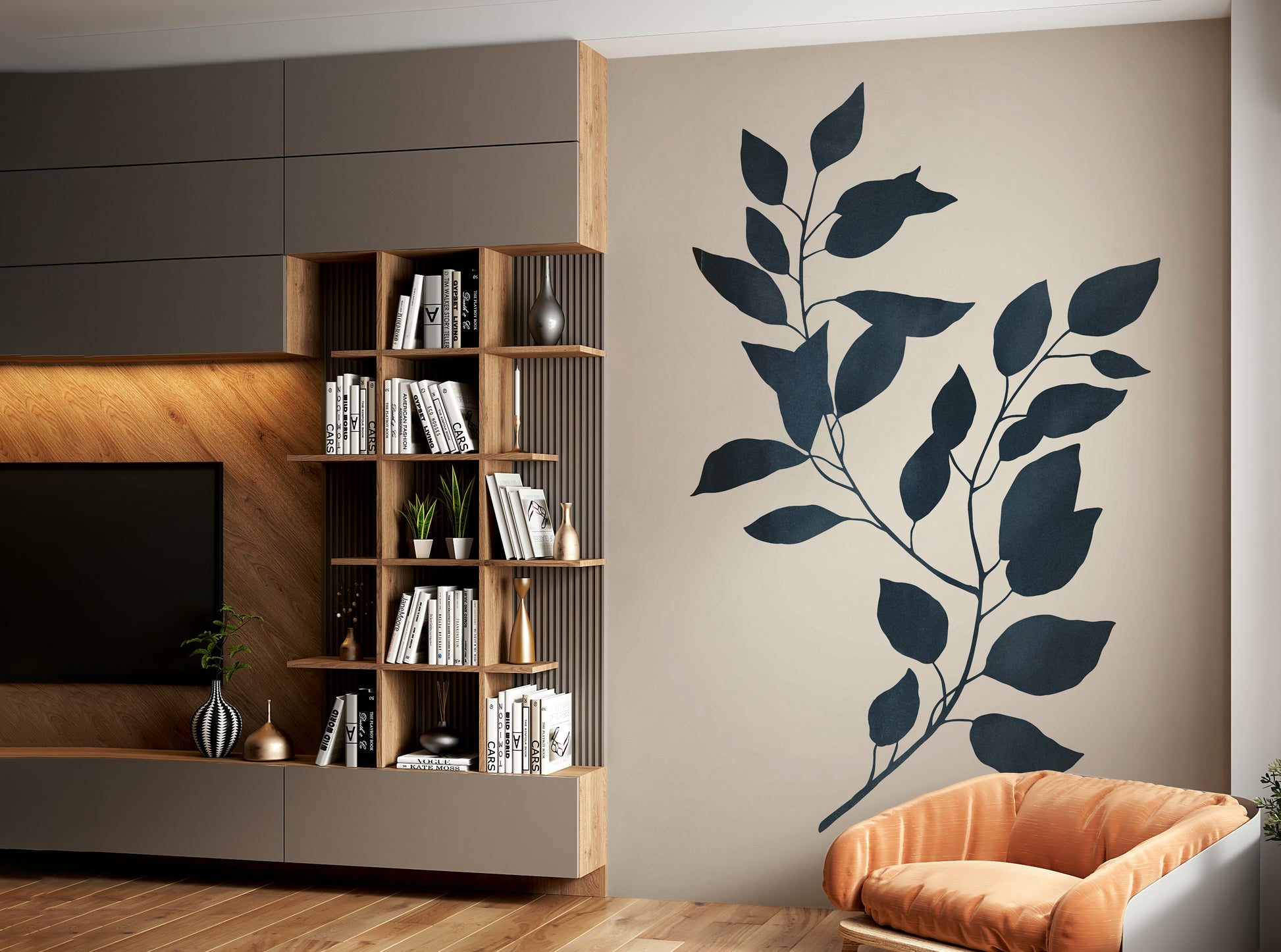 Botanical silhouette wall mural in calming tones.

