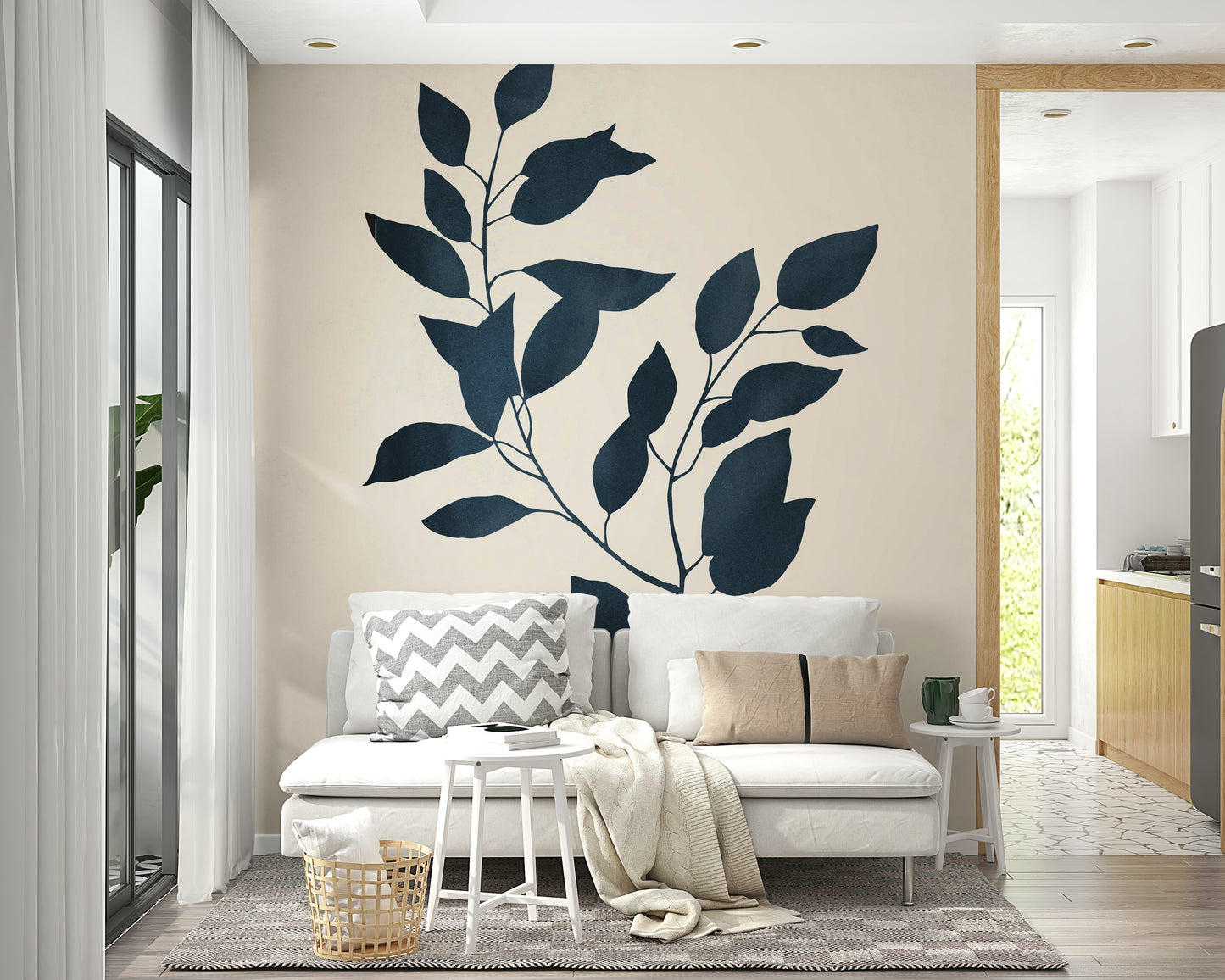 Silhouette design of plants in neutral tones on the wall.

