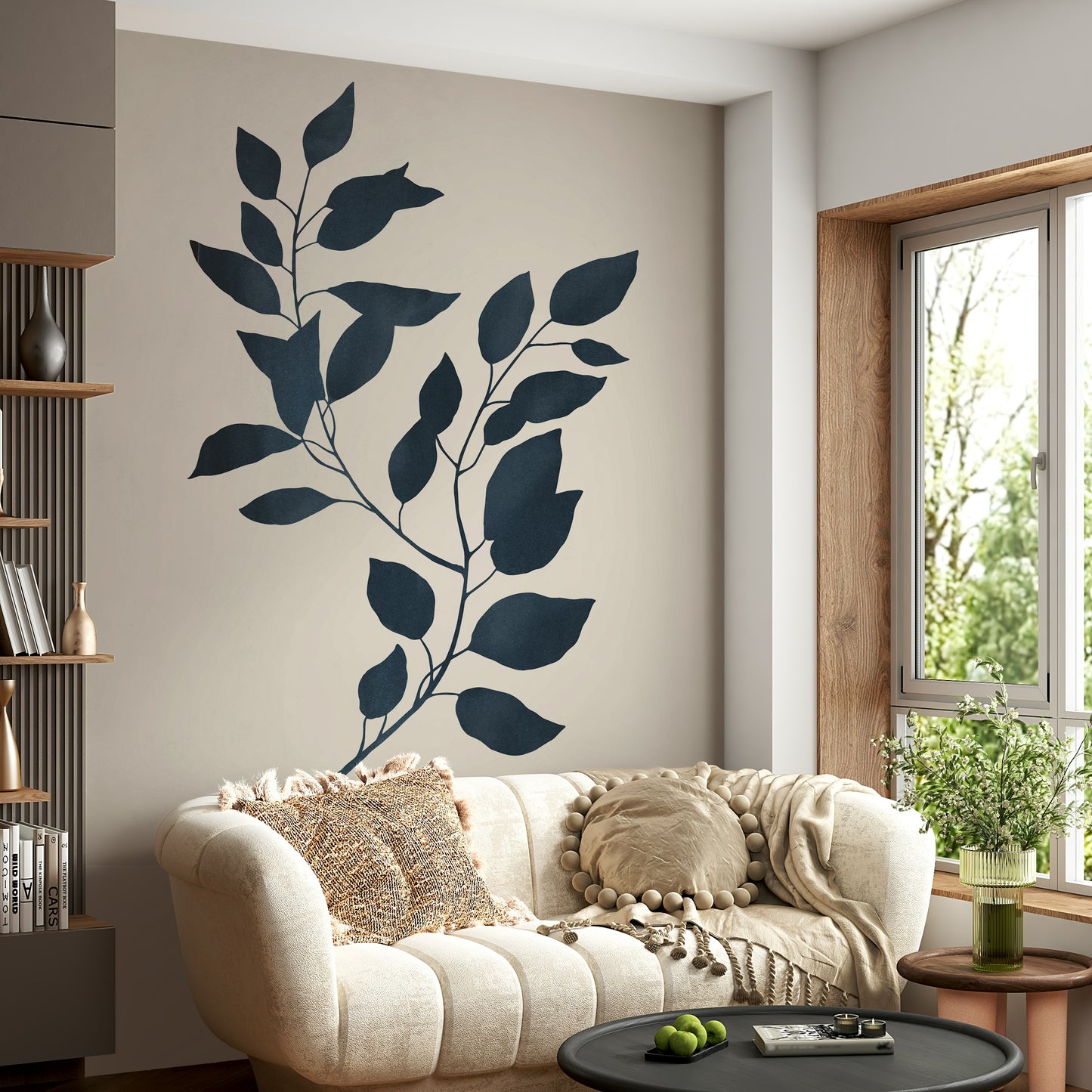 Minimalistic botanical silhouette design on wall mural.

