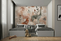 Gentle woodland safari wall mural with animals

