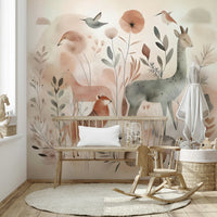 Soft forest scene with safari animals mural

