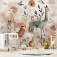 Safari animals in a calm woodland setting mural

