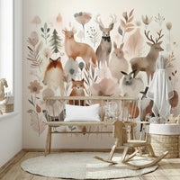 Whimsical forest friends wall mural for kids' room.


