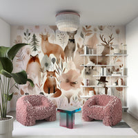 Kids' room forest friends wall mural with playful animals.

