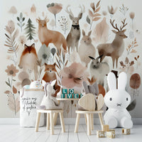 Cute forest mural with friendly animals and trees.

