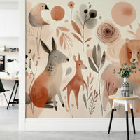 Playful animal characters on whimsical mural wall

