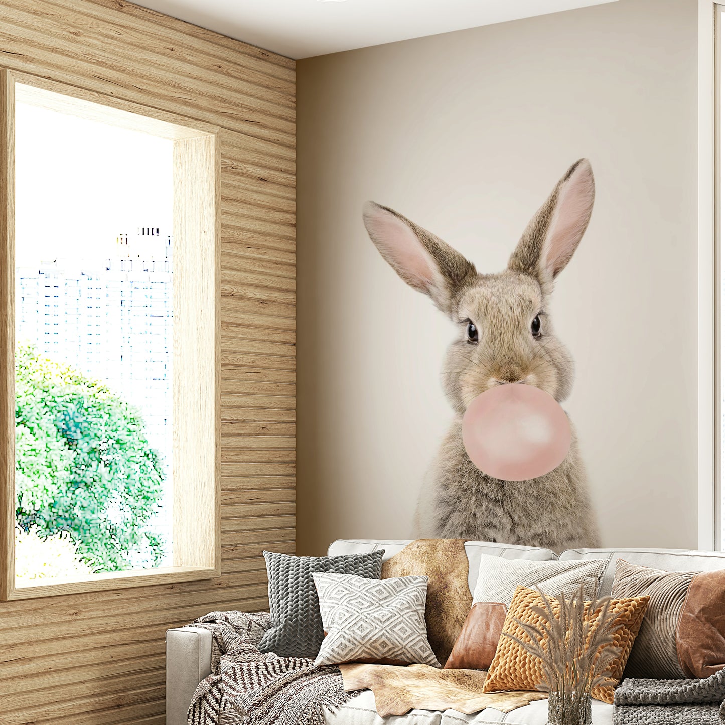 Colorful bunny wall mural with a bubble gum twist.

