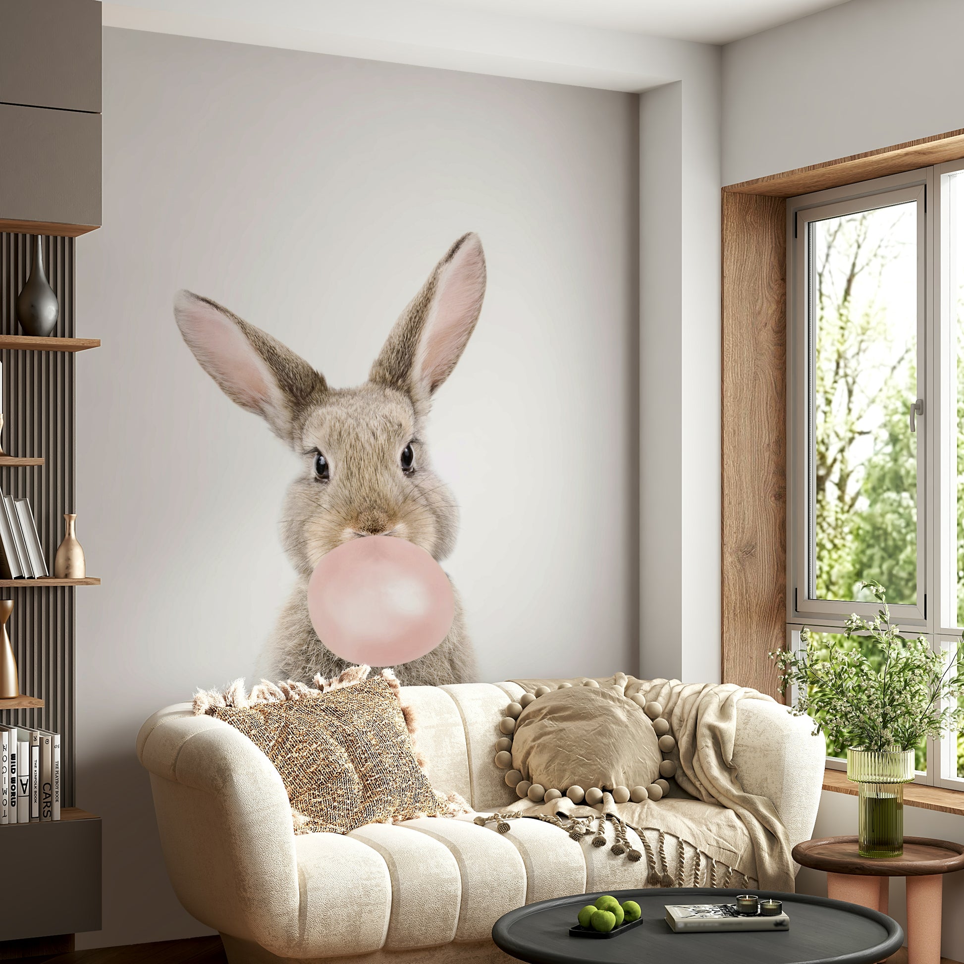Whimsical bubble gum bunny wall art for children's rooms.

