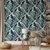 Beautiful bird patterns in enchanted aviary wallpaper design

