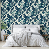 Nature-inspired aviary wallpaper featuring colorful birds


