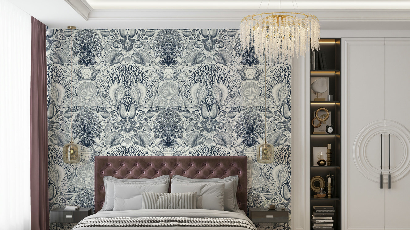 Ocean-themed wallpaper with lush aquatic botanicals

