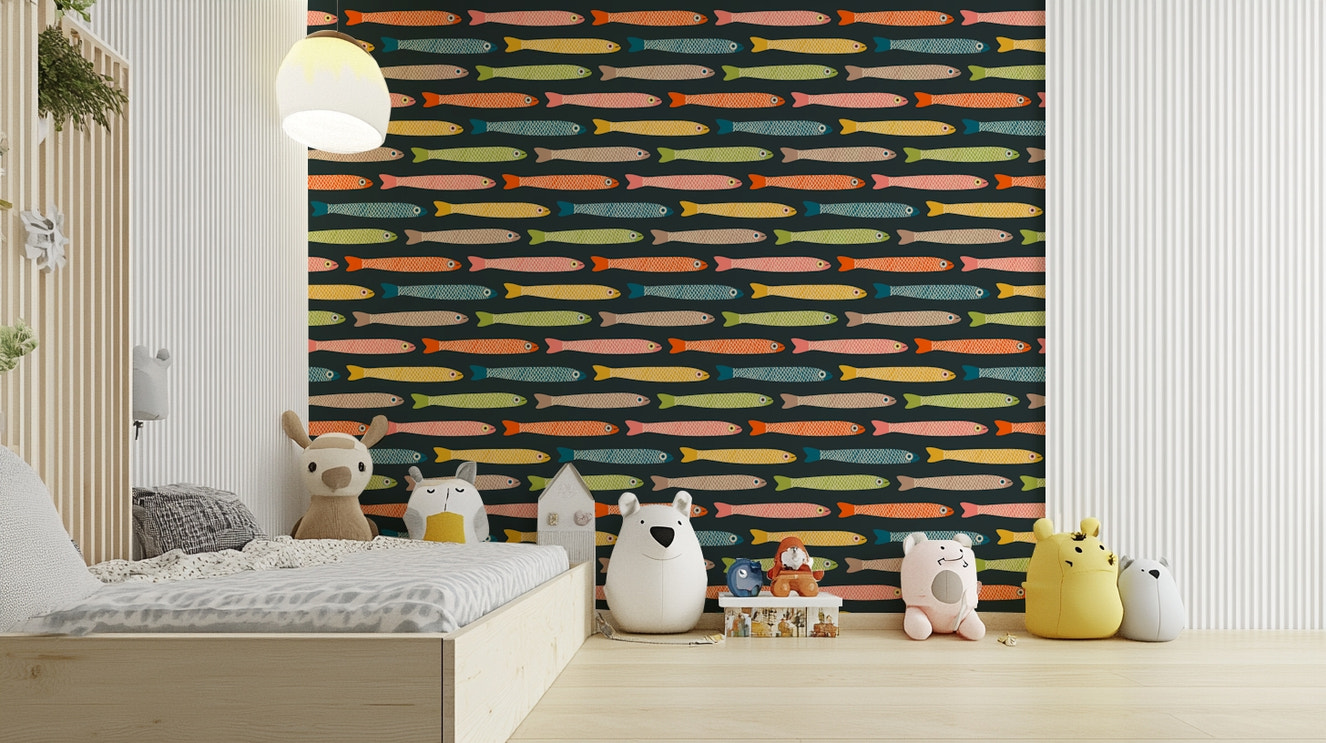Vintage fish design in multicolor on charcoal wallpaper.

