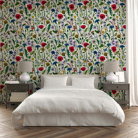 Romantic wildflower meadow wallpaper for nature-inspired decor.

