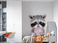 Bright raccoon mural with bubble gum for quirky decor.

