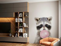 Cute raccoon mural with bubble gum for kids' bedroom design.

