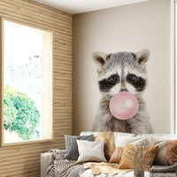 Fun-loving raccoon mural with bubble gum for a playful touch.

